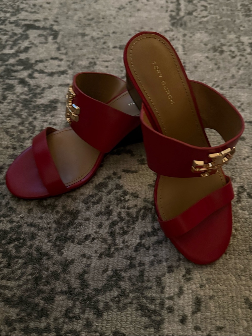 Tory Burch Miller MetalRed Leather Wedge Slide Sandals.